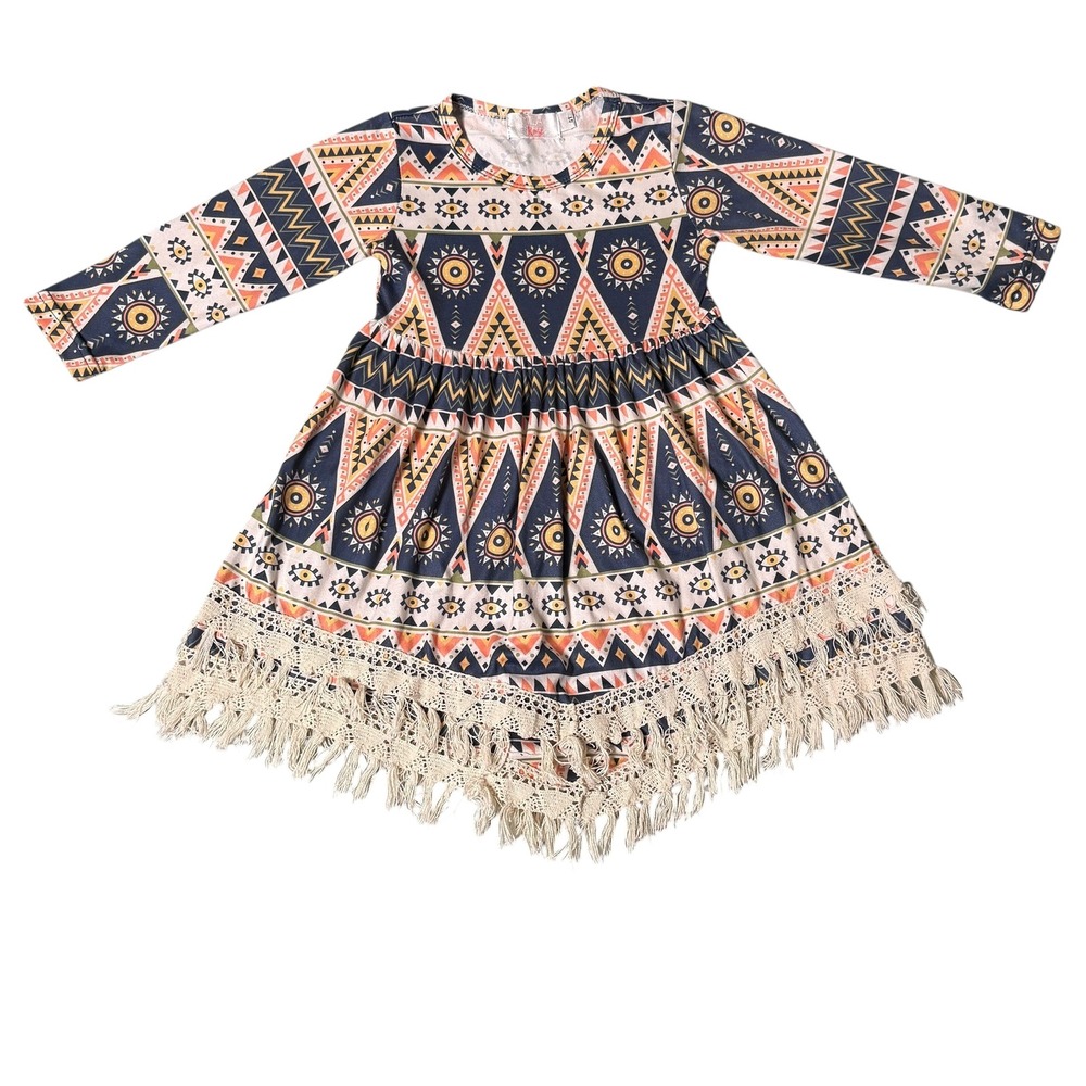 Girls Fringe Dress Geometric Aztec Print Long Sleeve Kids